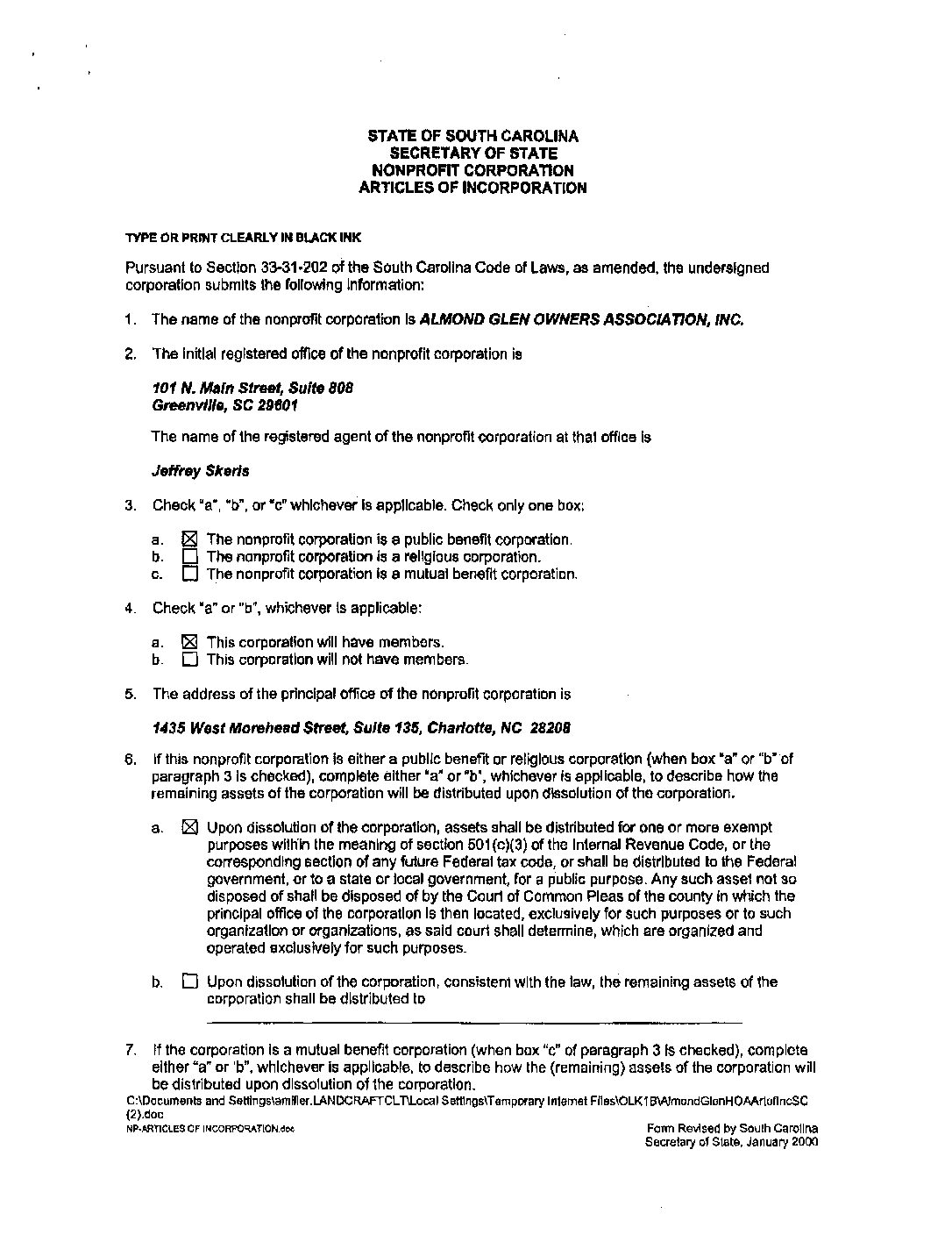 Almond Glen Articles of Incorporation