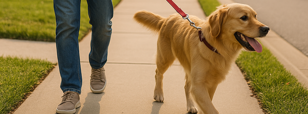 Neighbor walking a leashed dog along Almond Glen sidewalk